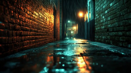 Rainy brick alleyway with streetlights.