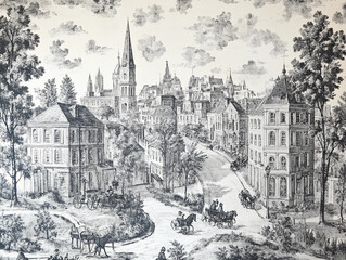 Obraz premium Historic cityscape: A Toile design featuring a bustling 18th-century European city, with narrow cobblestone streets, horse-drawn carriages, and towering church spires