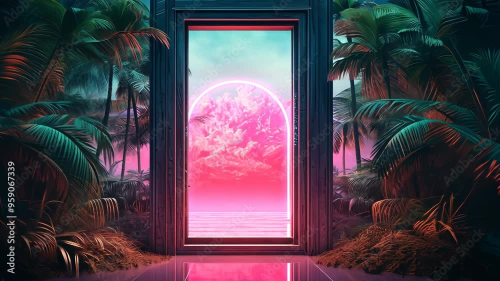 Poster mysterious door or portal with neon light in the jungle in synthwave style
