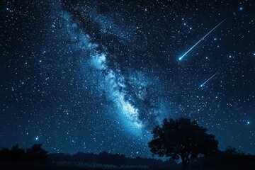 Fototapeta premium Starry night sky with shooting stars and a silhouette of