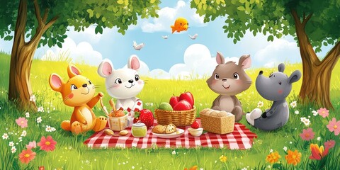 Picnic with animals and food in a field.