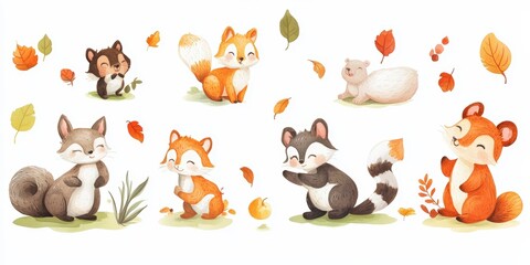 Obraz premium Watercolor illustration of cute woodland animals.