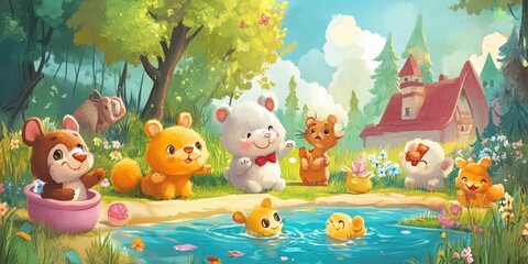 Obraz premium Cute animals play by a pond near a house.