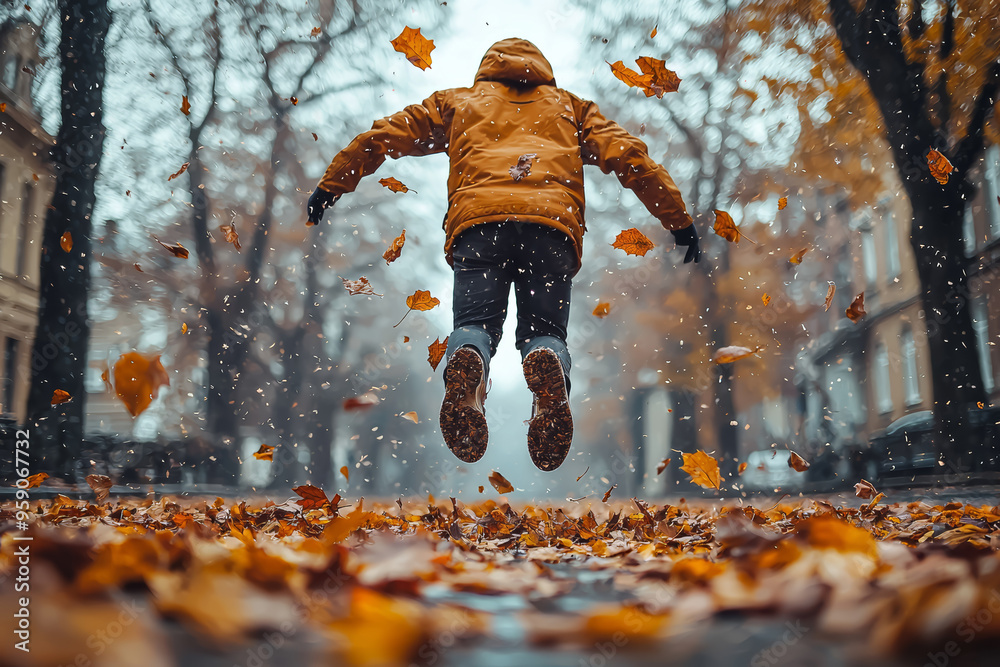 Sticker a person jumping into a pile of autumn leaves, completely carefree. concept of finding joy in the sm