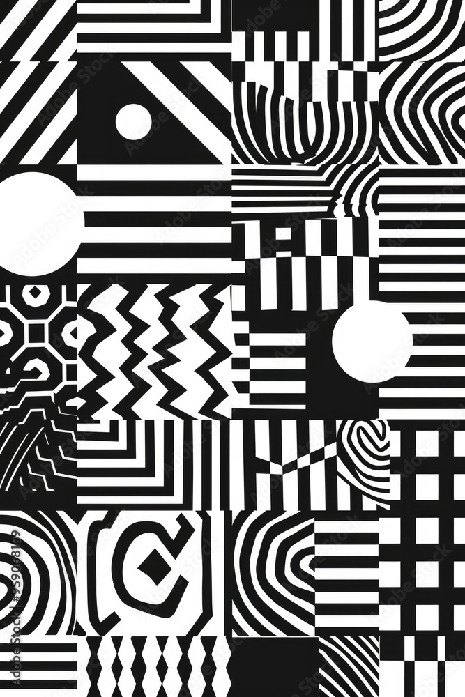 Poster Abstract geometric design featuring various shapes and patterns in black and white