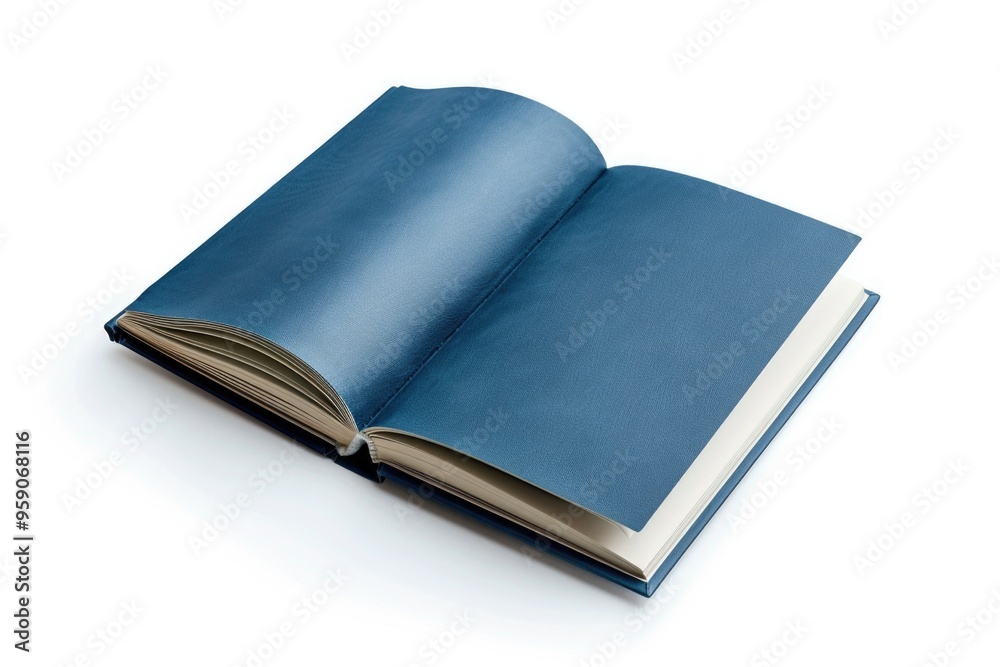 Poster a open blue book placed on a clean white surface, ready for reading or writing