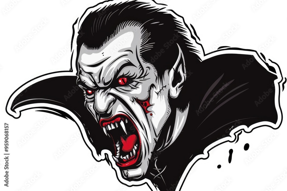 Poster a close-up portrait of a vampire with sharp fangs and bloodshot red eyes