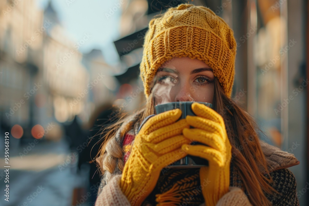 Poster A person enjoying a cup of coffee while walking in the urban environment