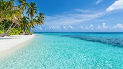 Palm trees line white beach with crystal clear water.