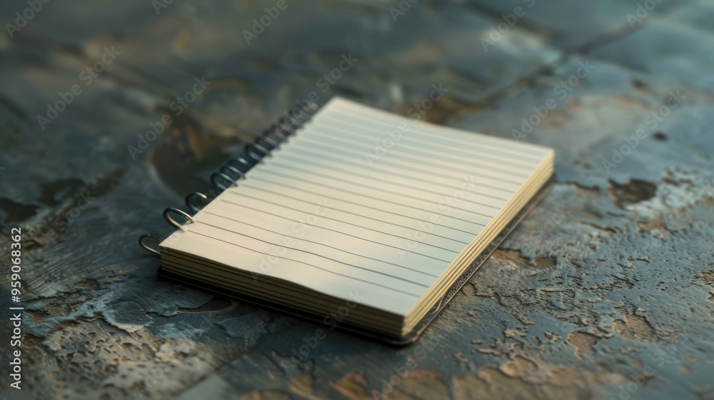 Poster a notepad sitting on top of a metal surface, suitable for use in office or home settings