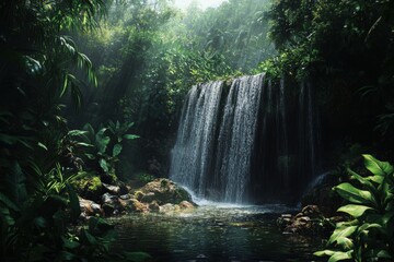 Lush jungle with cascading waterfall and pool.