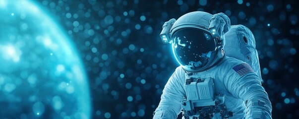 Above a blue planet in space is a man wearing a spacesuit.