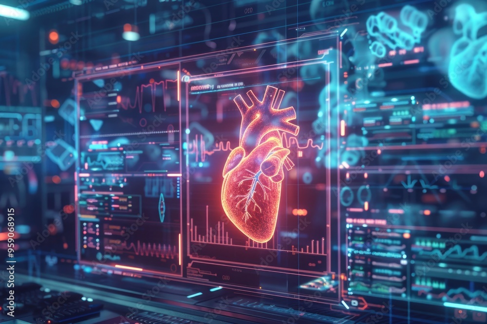 Poster a computer screen with a glowing heart icon