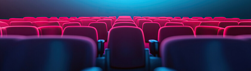 Obraz premium A scenic view of cinematic seating in a theater, showcasing plush chairs under vibrant lighting, ideal for movie-related themes.