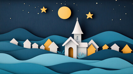 Fototapeta premium A serene paper-cut night landscape featuring a church, houses, and stars set against a dark background with waves, evoking peace and tranquility.