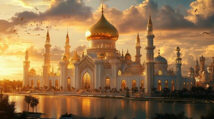 Obraz premium Golden mosque reflected in water at sunset.
