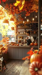 Fototapeta premium Pumpkin Spice Café with Cozy Autumn Vibes, Barista Serving Pumpkin Spice Lattes and Warm Lights