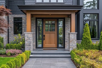 Modern House Entrance with Wooden Door and Stone Columns