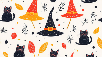 A whimsical pattern featuring black cats, colorful witch hats, and autumn leaves, perfect for Halloween-themed designs.