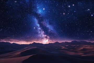 Starry night sky over desert dunes.