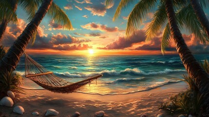 Fototapeta premium Palm trees, hammock, beach, ocean sunset.