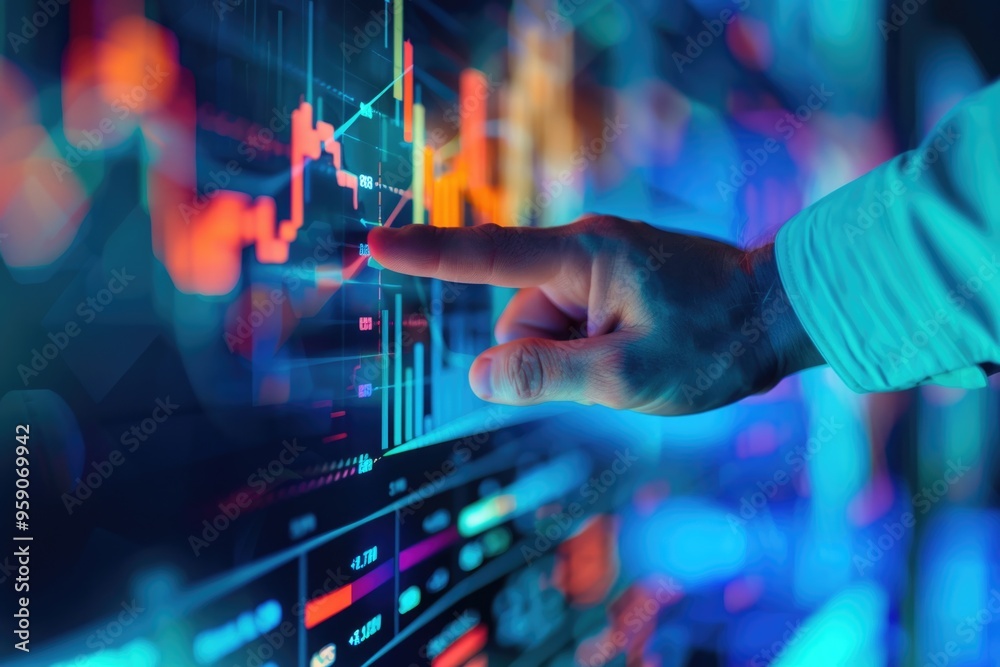 Poster a hand points at stock market data on a screen, useful for financial and business concepts