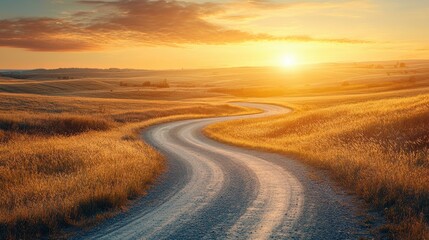 A winding road through golden grasslands at sunset, evoking tranquil journeys and scenic beauty in nature.