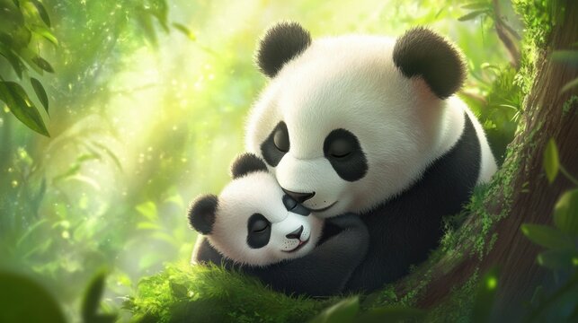A panda bear hugging a baby in the woods, AI