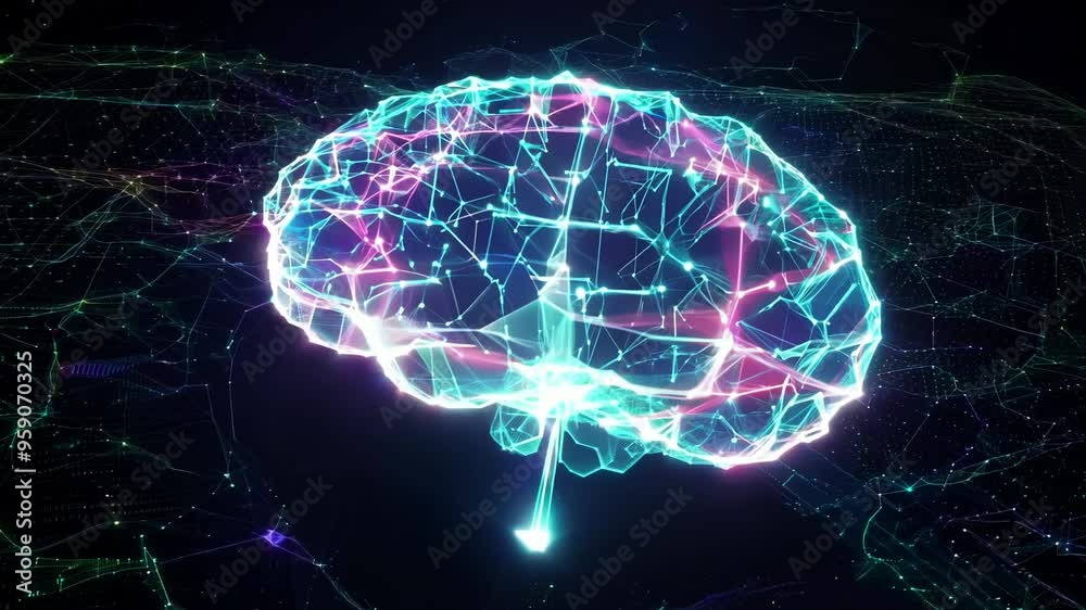 Poster Digital holographic AI brain science concept. Artificial intelligence brain network