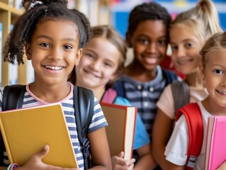 Happy Group of Diverse Schoolchildren Holding Books and Smiling Together in a Classroom Setting