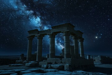 Naklejka premium Ancient ruins under a starry night sky.