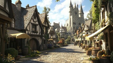 Fototapeta premium Stone pathway lined with medieval houses and a tower.