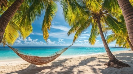 Fototapeta premium Tropical beach with palm trees and hammock.