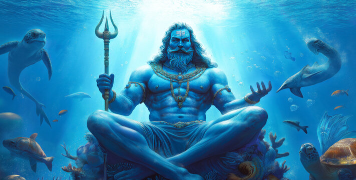 Varuna, Epic Digital Art of Meditation in a Majestic Underwater Realm.  Digital Illustration of a Hindu god. 