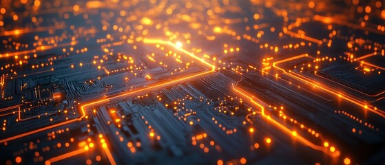 Obraz premium Abstract view of a circuit board illuminated with glowing circuits, symbolizing technology, innovation, and digital progress.