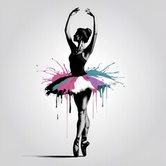 A monochromatic drawing of a ballerina in a poised position, with her arms raised above her head. The most striking feature is her tutu,