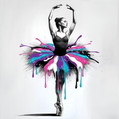 A monochromatic drawing of a ballerina in a poised position, with her arms raised above her head. The most striking feature is her tutu,