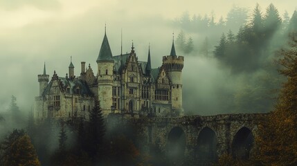 Obraz premium A misty forest with a stone castle and bridge.