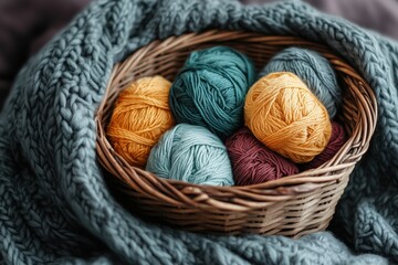 Basket with skeins of merino wool yarn winter colors and knit wool sweater.