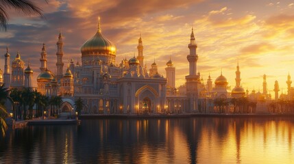 Naklejka premium Golden mosque reflected in calm water at sunset.