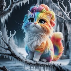 A cinematic photo of a 3D render of a vintage big eyes style illustration of a very cute Rainbow orange fluffy cat. 