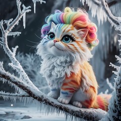 A cinematic photo of a 3D render of a vintage big eyes style illustration of a very cute Rainbow orange fluffy cat.