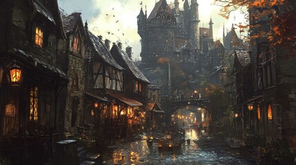 Obraz premium Medieval town with water canal and boats.