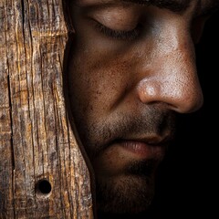 Obraz premium Close-up portrait of a man with closed eyes, his face partially obscured by weathered wood.