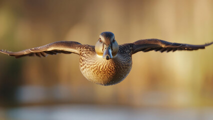 Flying duck captured in mid-air with wings spread over water
