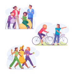 Fototapeta premium Good Company with Man and Woman Friend Sit with Gadget Give High Five Vector Illustration Set