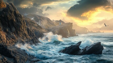 Obraz premium Rocky cliffs with crashing waves and birds at sunset.