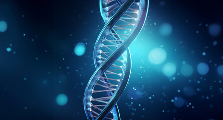 An artistic visualization of a DNA double helix structure in shades of blue, with intricate details of the twisted strands. The background is a gradient of darker to lighter blue, Generative AI