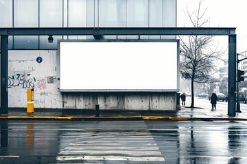 Obraz premium A billboard on the side of a building on a rainy day, perfect for advertising or editorial use