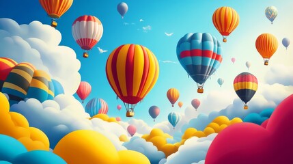 Fototapeta premium Colorful hot air balloons soar through a bright blue sky, surrounded by fluffy white and colorful clouds.